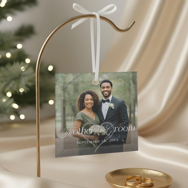 Elegant Script Mother of the Groom Photo Keepsake Glass Ornament (Elegant Script Mother of the Groom Photo Keepsake Glass Ornament)