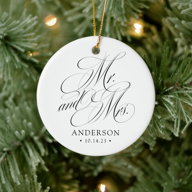 Elegant Script Mr. and Mrs. Newlywed Christmas Ceramic Ornament (Tree)