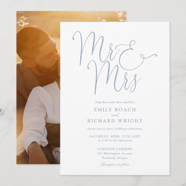 Elegant Script Mr And Mrs Photo Dusty Blue Wedding Invitation (Front/Back)