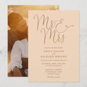 Elegant Script Mr And Mrs Photo Soft Peach Wedding Invitation