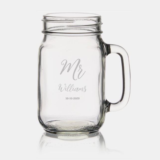 Elegant Script Mr Last Name Newlywed Wedding Mason Jar W/ Handle (Glassware)