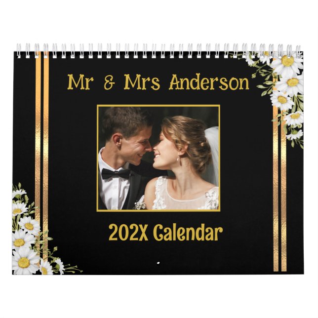 Elegant Script Mr & Mrs Couple  Gold Floral Photo Calendar (Cover)