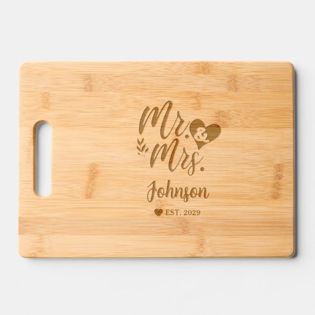 Elegant Script Mr & Mrs Last Name Newlywed Wedding Engraved Cutting Board (Front)