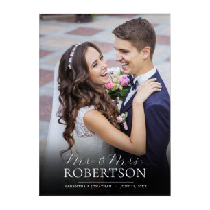 Elegant Script Mr & Mrs Vertical Wedding Photo Acrylic Print