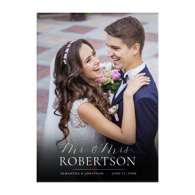 Elegant Script Mr & Mrs Vertical Wedding Photo  Acrylic Print (Front)