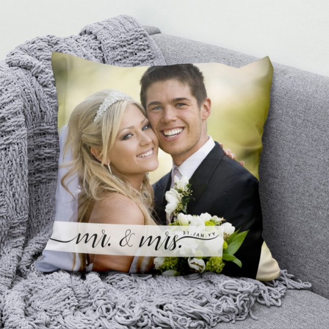 Elegant Script Mr. & Mrs. Wedding Date Keepsake Throw Pillow (Creator Uploaded)