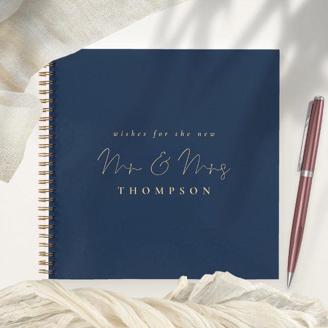 Elegant Script Mr Mrs Wedding Navy Gold Guest Book (Creator Uploaded)