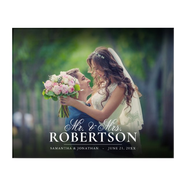 Elegant Script Mr & Mrs Wedding Photo Acrylic Print (Front)