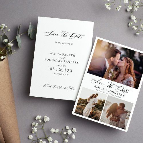 Elegant script multi photo collage simple wedding save the date