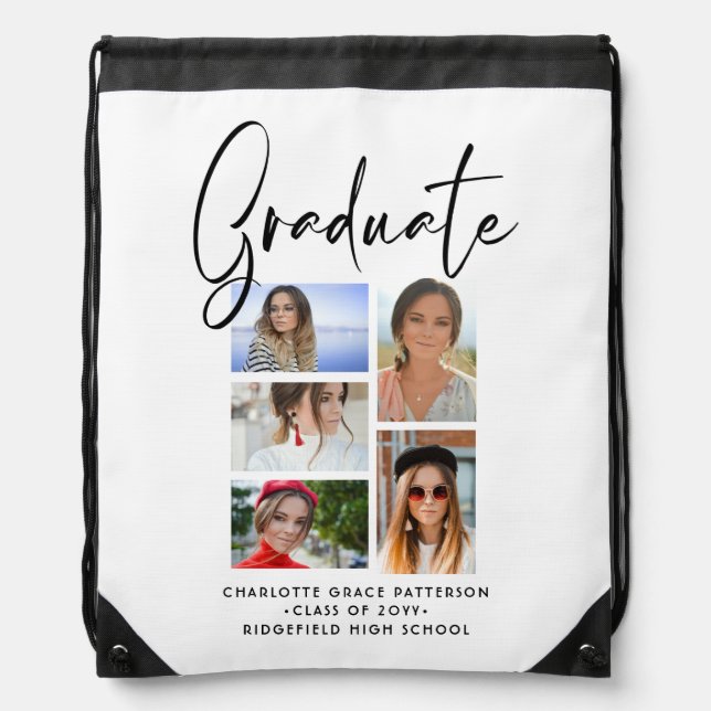 Elegant Script Multi Photo Graduation Graduate Drawstring Bag (Front)