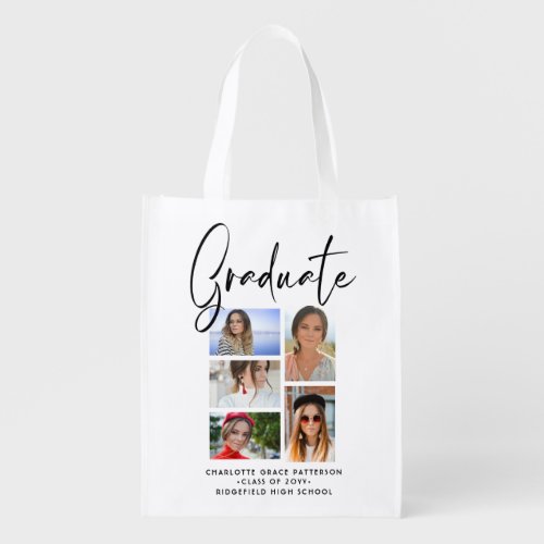 Elegant Script Multi Photo Graduation Graduate Grocery Bag