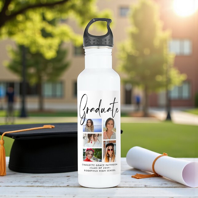 Elegant Script Multi Photo Graduation Graduate Stainless Steel Water Bottle (Creator Uploaded)