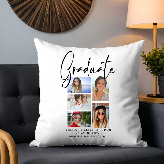 Elegant Script Multi Photo Graduation Graduate Throw Pillow (Creator Uploaded)