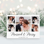 Elegant Script Multi Photo Grid Married and Bright Holiday Card<br><div class="desc">This simple,  classic black and white holiday wedding announcement or Christmas newlywed greeting card features modern,  elegant script typography that says "married and merry",  with a multi photo grid of five photos on the front and one more on the back.</div>