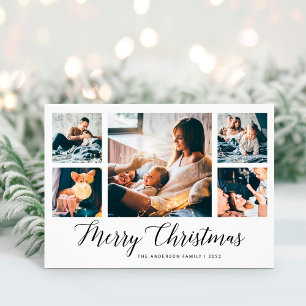 Elegant Script Multi Photo Grid Merry Christmas Holiday Card