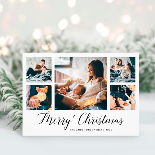 Elegant Script Multi Photo Grid  Merry Christmas Holiday Card
