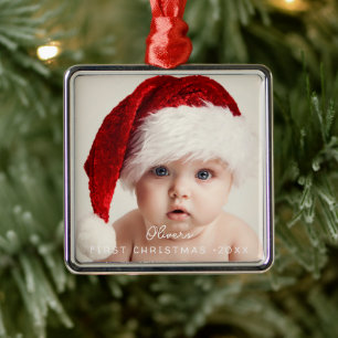 Elegant Script My 1st Christmas Baby's Photo Metal Ornament