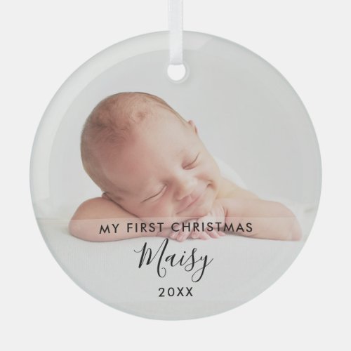 Elegant Script My First Christmas Baby Photo Glass Ornament