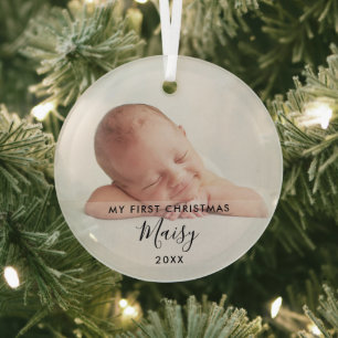 Elegant Script My First Christmas Baby Photo Glass Ornament