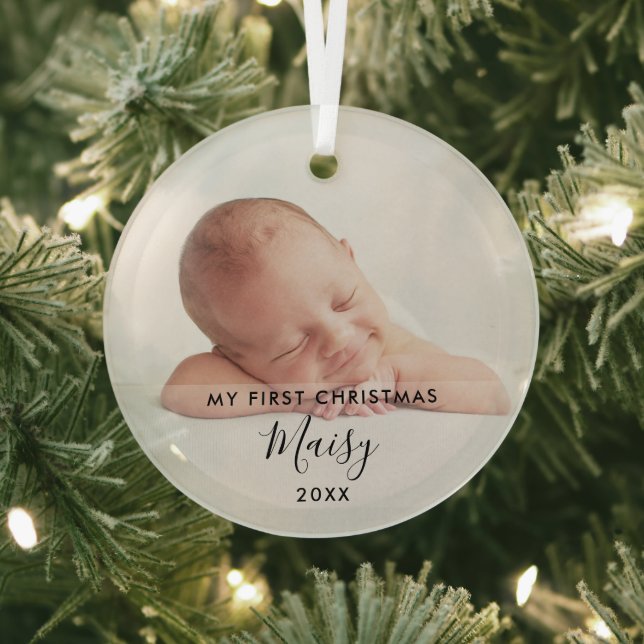 Elegant Script My First Christmas Baby Photo Glass Ornament (Insitu)
