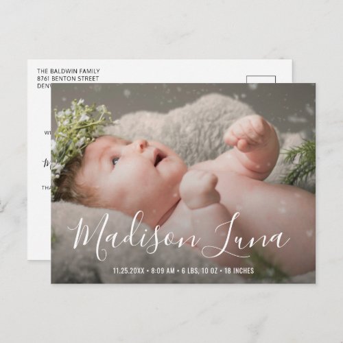 Elegant Script Name Baby Girl Photo Birth Announcement Postcard