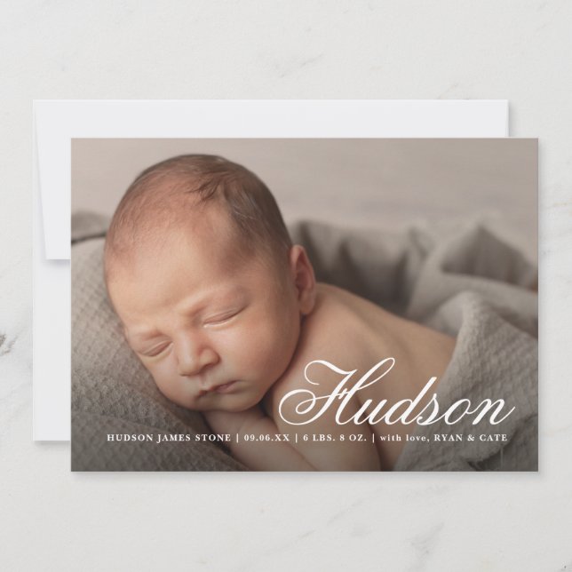Elegant Script Name baby photo birth Announcement (Front)