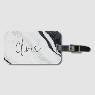 Elegant Script Name Black White Marble Travel Luggage Tag