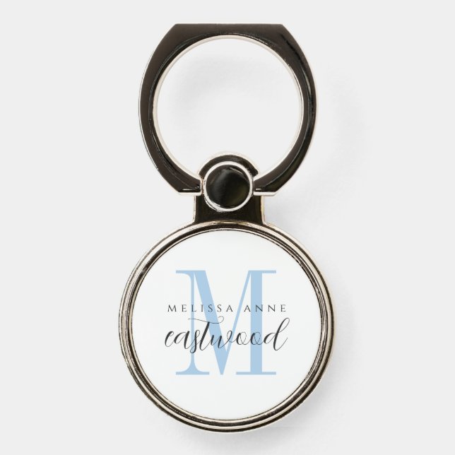 Elegant Script Name Blue Black Monogram  Phone Ring Stand (Front)