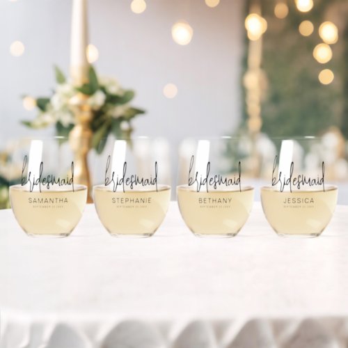 Elegant Script Name Date Bridesmaid Gift Stemless Wine Glass