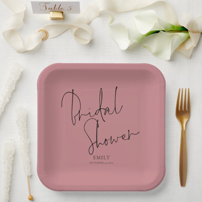 Elegant Script Name Dusty Rose Pink Bridal Shower Paper Plates (Wedding)