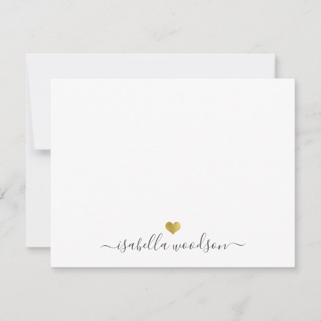 Elegant Script Name Faux Gold Foil Heart  Note Card (Front)