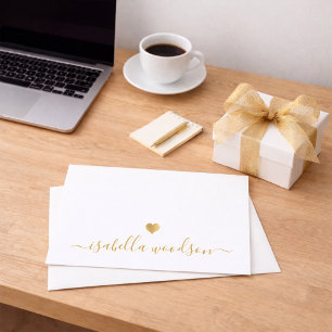 Elegant Script Name Faux Gold Foil Heart  Note Card