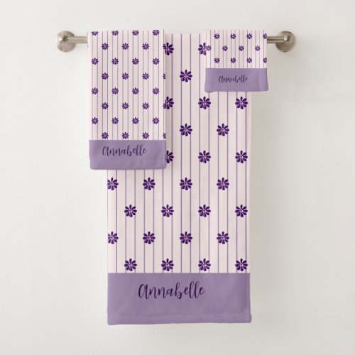 Elegant Script Name Flowers Blush Violet Striped Bath Towel Set