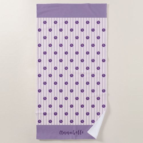 Elegant Script Name Flowers Blush Violet Striped Beach Towel