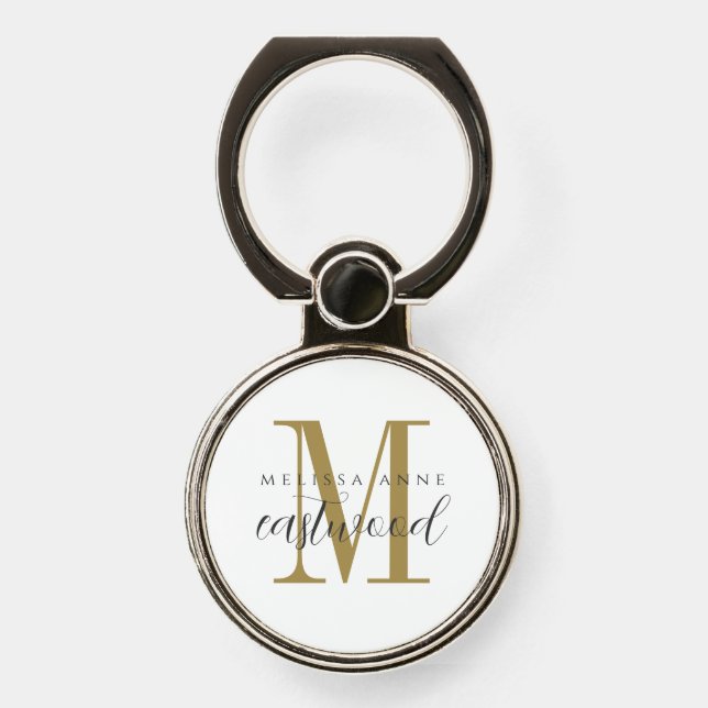 Elegant Script Name Gold Black Monogram  Phone Ring Stand (Front)