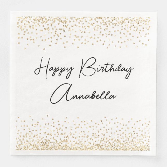 Elegant Script Name Gold Glitter Happy Birthday Paper Dinner Napkins (Front)
