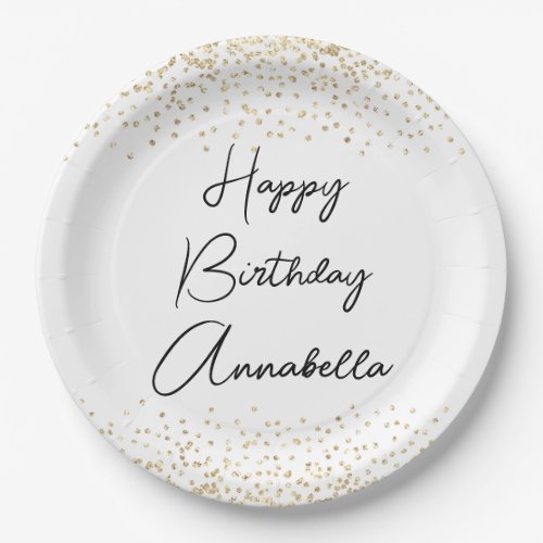 Elegant Script Name Gold Glitter Happy Birthday Paper Plates