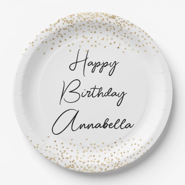Elegant Script Name Gold Glitter Happy Birthday Paper Plates (Front)