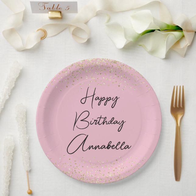 Elegant Script Name Gold Glitter on Blush Pink Paper Plates (Wedding)
