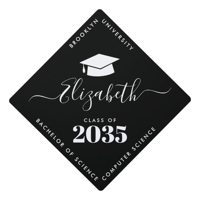 Elegant Script Name Grad Cap Class Year School (Front)