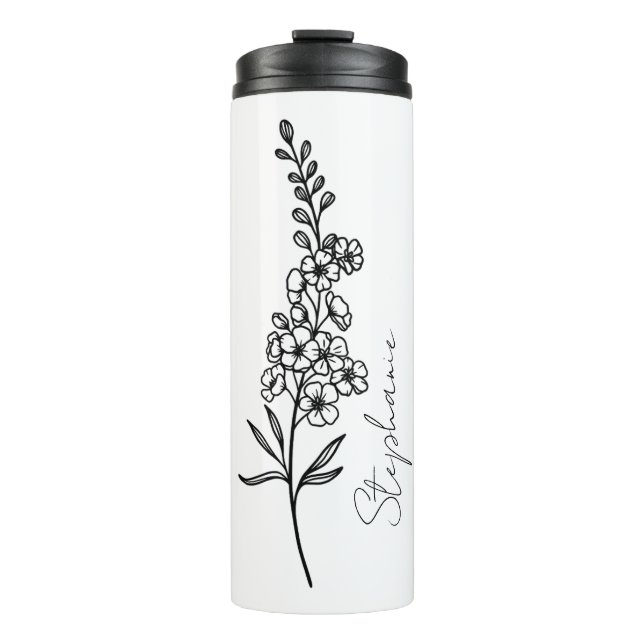Elegant Script Name Larkspur July Birth Flower Thermal Tumbler (Front)