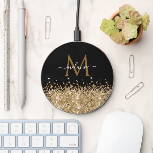 Elegant Script Name  Monogram Black Gold Glitter Wireless Charger