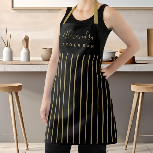 Elegant Script Name Monogram Black Gold Stripes  Apron