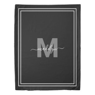 Elegant Script Name Monogram Black White Duvet Cover