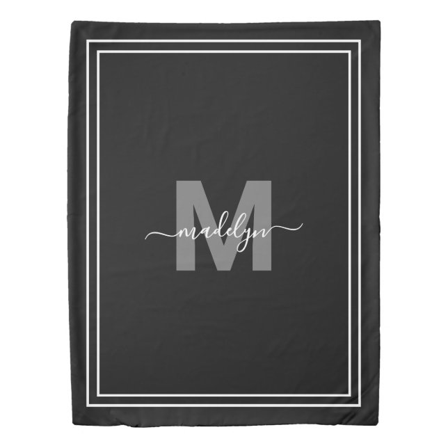 Elegant Script Name Monogram Black White Duvet Cover (Front)