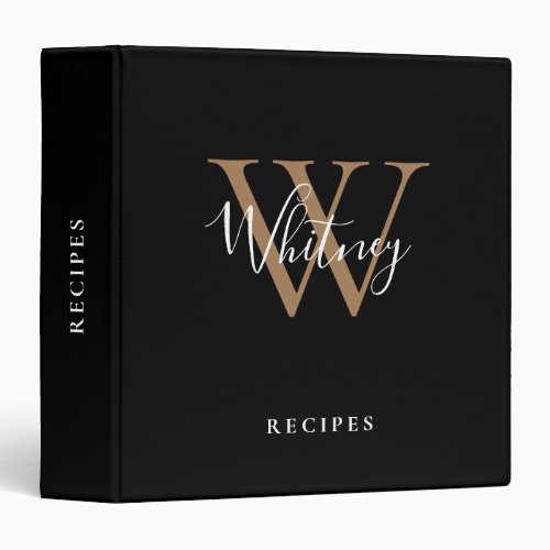 Elegant Script name Monogram Gold Black Recipes  3 3 Ring Binder