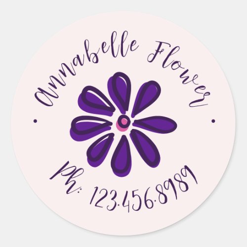 Elegant Script _ Name Phone _ Flower Classic Round Sticker