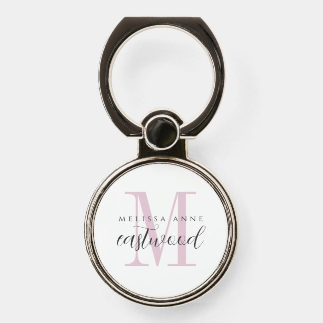 Elegant Script Name Pink Black Monogram  Phone Ring Stand (Front)