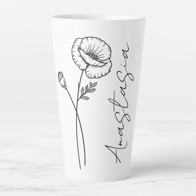 Elegant Script Name Poppy August Birth Flower Latte Mug (Front)