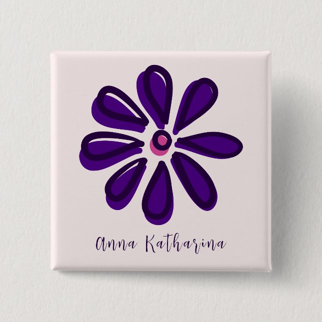 Elegant Script Name Purple Flower Doodle Square Button (Front)